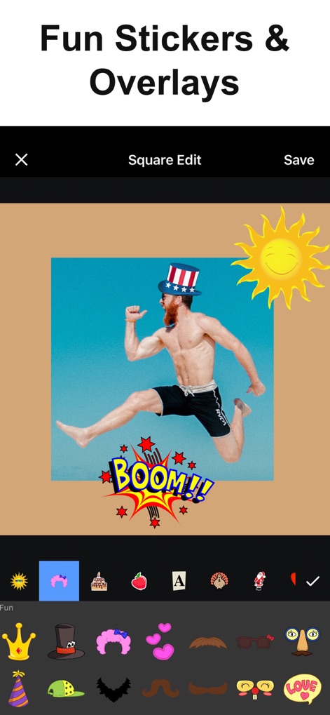 No Crop Photo Video Resize - Les utilisateurs peuvent exprimer leur créativité en ajoutant des autocollants ludiques et des superpositions graphiques pour dynamiser leurs images.