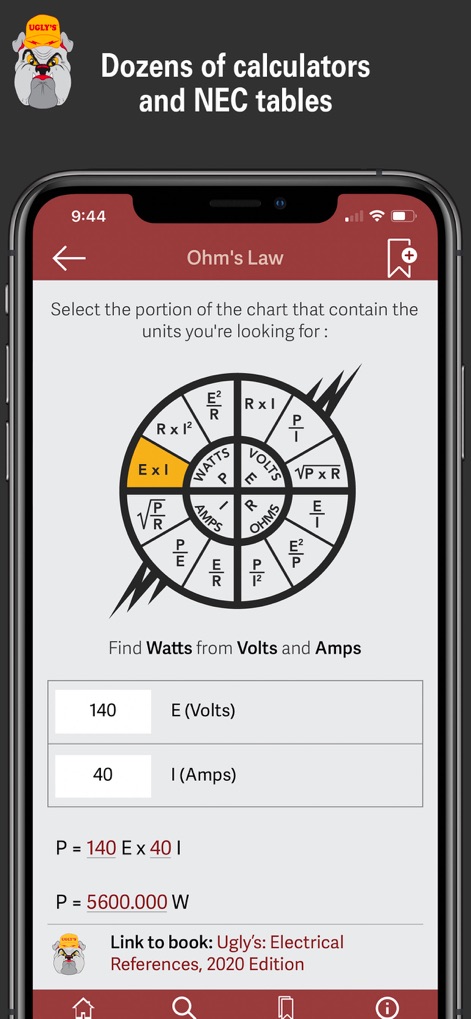 Ugly's Electrical References - L'application fournit des calculateurs interactifs comme la loi d'Ohm, avec des champs de saisie numériques clairs pour des résultats immédiats et précis.