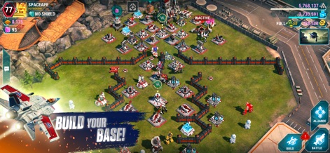 Transformers: Earth Wars - The app showcases detailed base building mechanics and comprehensive resource counters, allowing users to strategically arrange defensive structures and track essential resources like Energon and Alloy.