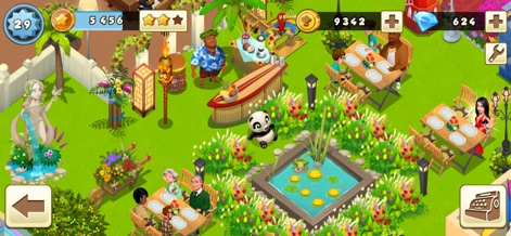 World Chef - 本ツールを通じて、ユーザーは水辺の景観を持つ豊かな熱帯植物や、エキゾチックな像とテーマ性のある屋外席が特徴の、開放的なリゾート風ダイニングエリアを設計できます。