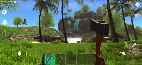 Ocean Is Home: Survival Island - Users can see the initial survival tools like the axe for resource gathering, alongside the detailed UI displaying vital stats and inventory access.