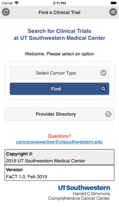 UTSW Cancer Clinical Trials Screenshot