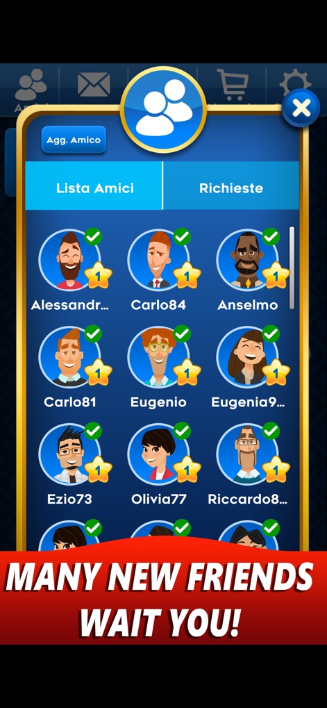 Scopa Online - Gioco di carte - La sezione "Lista Amici" permette agli utenti di interagire con altri giocatori tramite gli avatar distintivi e di aggiungere nuovi contatti con il pulsante "Aggiungi Amico", promuovendo un'esperienza sociale.