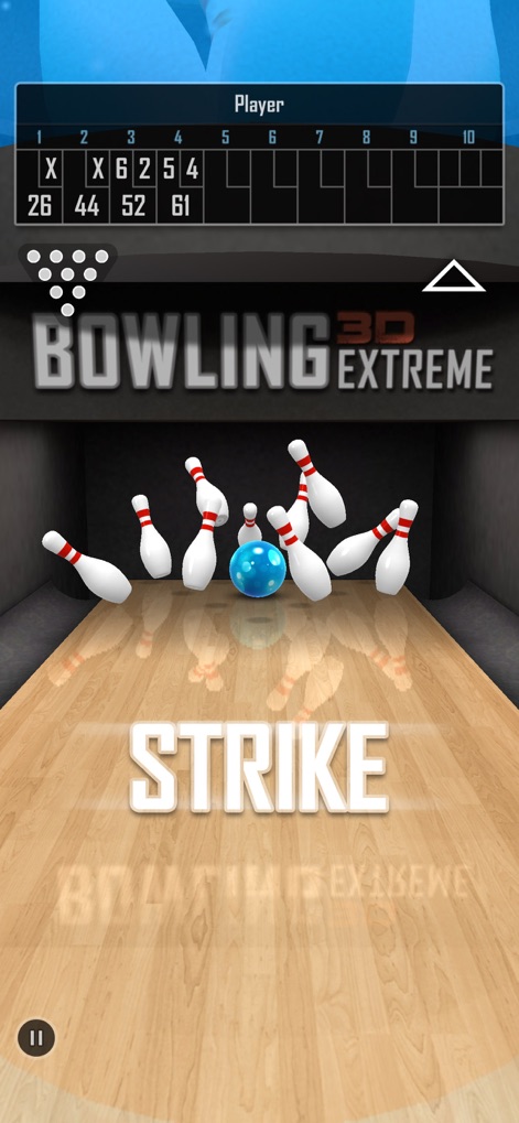 Bowling 3D Extreme - Witness the thrill of a perfect strike with dynamic pin action and the detailed score display tracking your progress.
