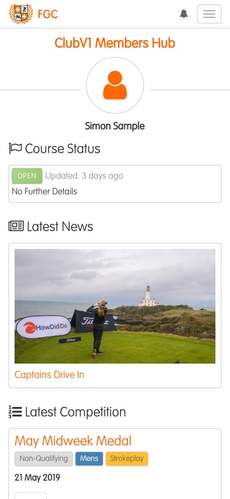 ClubV1 Members Hub - O painel inicial oferece uma visão instantânea do "Course Status" (Estado do Campo) e mantém os membros atualizados com as "Latest News" (Últimas Notícias).