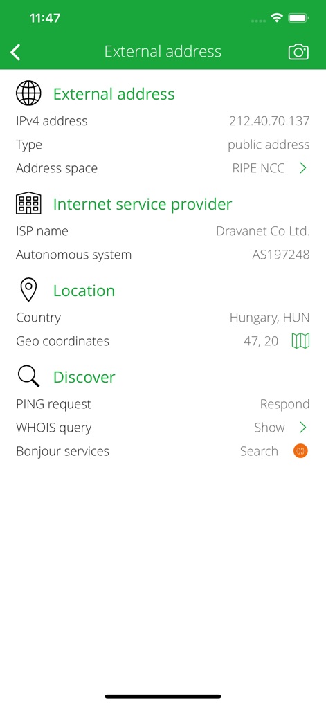 DLNA Browser - 이 화면은 외부 IP 주소의 ISP 정보와 지리적 위치를 상세히 보여주며, Dravanet Co Ltd. ISP 이름과 헝가리 지리 좌표를 확인할 수 있습니다.