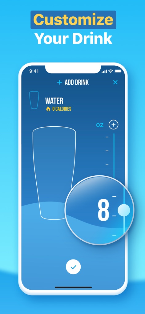 Water Reminder - Daily Tracker - This tool allows users to easily customize drink volumes using an adjustable slider and precise numerical input.