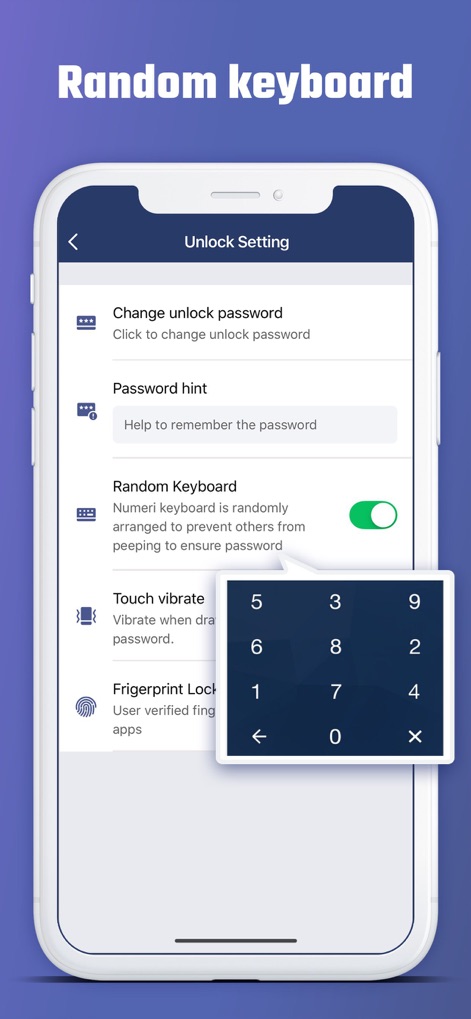 AppLock - photo lock - Los usuarios pueden observar la configuración del 'Teclado aleatorio' activado, con una disposición numérica desordenada en el teclado para una mayor seguridad al introducir el PIN.