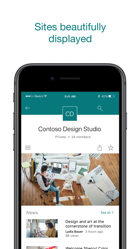 Microsoft SharePoint App Store screenshot 6, headline “Sites beautifully displayed”. Premium tone.