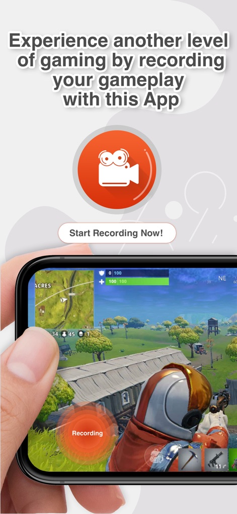 Screen Recorder: The recording - See how the app enables instant gameplay capture with a clear 'Recording' indicator and a prominent 'Start Recording Now!' call to action.