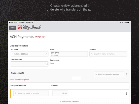 City Bank Business iPad screenshot 2 - Finance app