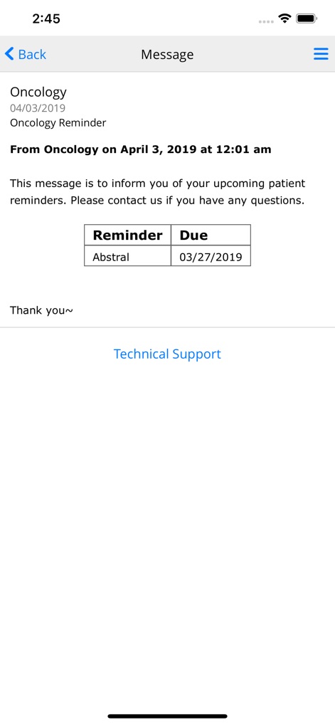 MEDITECH MHealth - 이 화면은 사용자가 의료진으로부터 받은 중요한 진료 알림 메시지를 보여줍니다. 'Oncology Reminder'라는 제목의 메시지 본문과 함께, 'Abstral' 약물에 대한 '03/27/2019' 기한의 알림 정보가 표 형식으로 명확하게 제시됩니다.