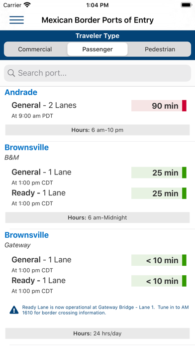 CBP Border Wait Times Screenshot