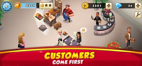 World Chef - ユーザーは、シェフが料理を準備する活気ある厨房と、テーブル席やスタイリッシュなバーカウンターで食事を楽しむお客様の様子を管理できます。