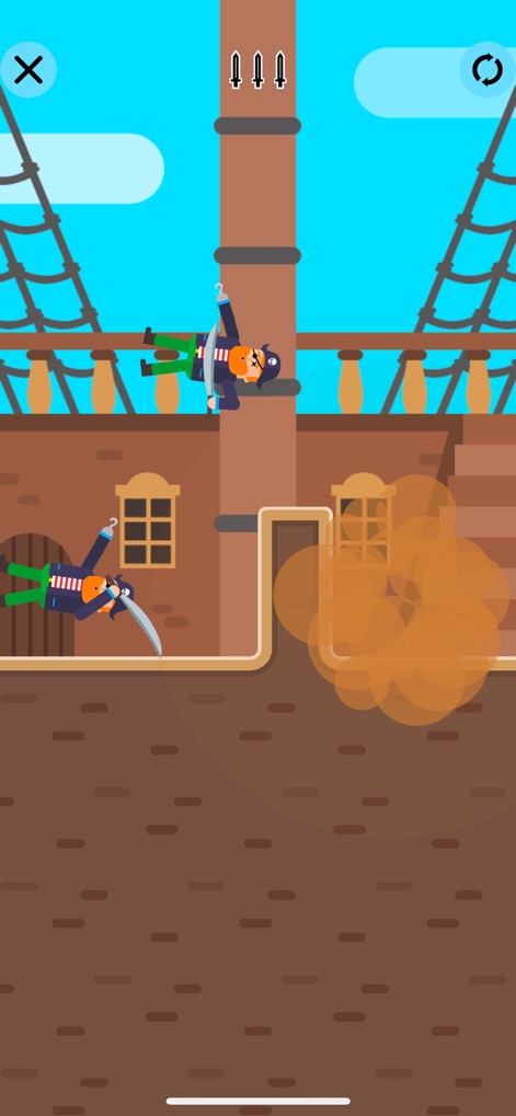 Mr Ninja - Slicey Puzzles - See how users engage with interactive environments, using precise slices to take down upside-down pirates and create impactful smoke effects on a detailed ship deck.