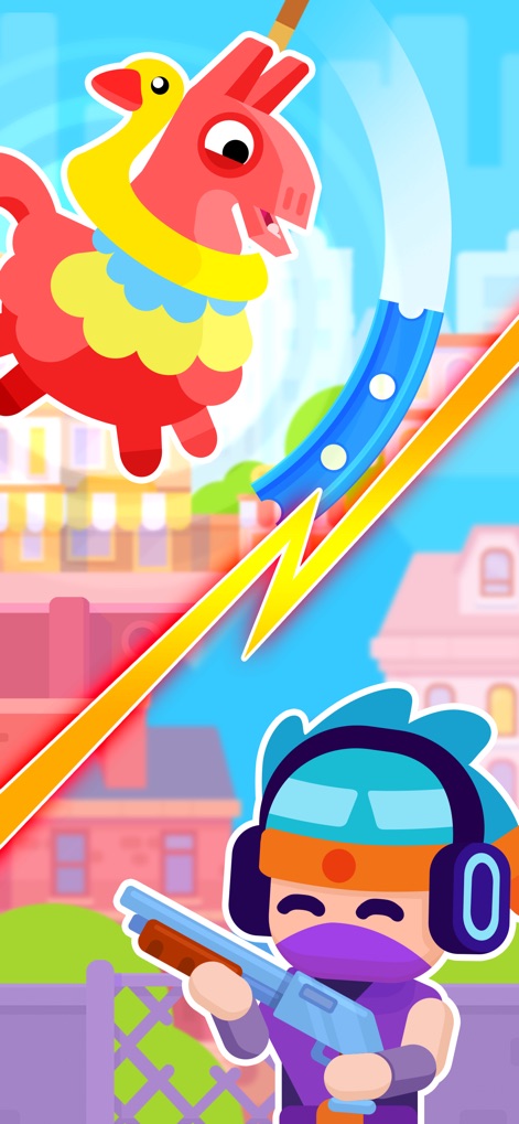 Pinatamasters - 赤い鳥型のピニャータが強力なショットガンで攻撃され、画面を横切る雷のようなエフェクトが迫力を増します。