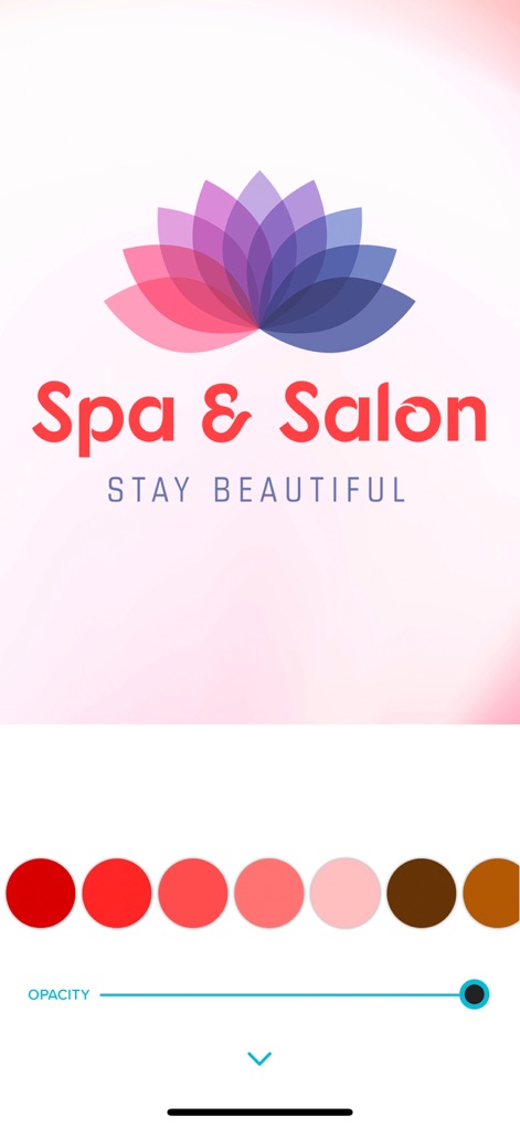 Logo Maker - Logo Design Shop - This view showcases advanced visual refinement options, including an 'Opacity' slider for adjusting transparency and a selection of intuitive color swatches for quick palette changes.