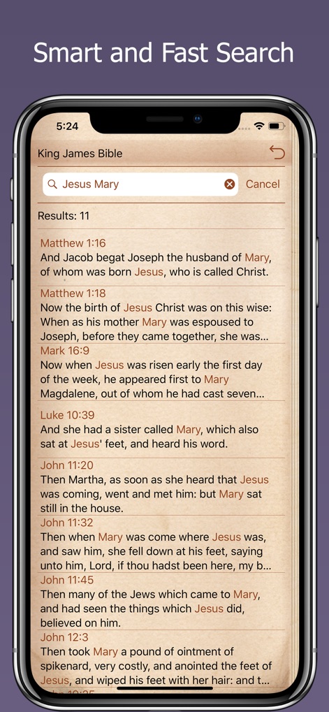 Holy Bible for Daily Reading - Los usuarios pueden localizar pasajes o palabras clave específicas rápidamente, como se ilustra con la barra de búsqueda donde las coincidencias de 'Jesus Mary' se resaltan en los resultados y se presentan con referencias claras como 'Matthew 1:16'.