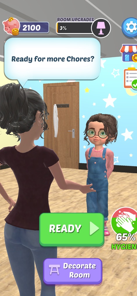 Chores! - Spring into Cleaning - The app introduces users to core gameplay with interactive characters and a clear "Ready" button to start chores, alongside a "Decorate Room" option for customization.