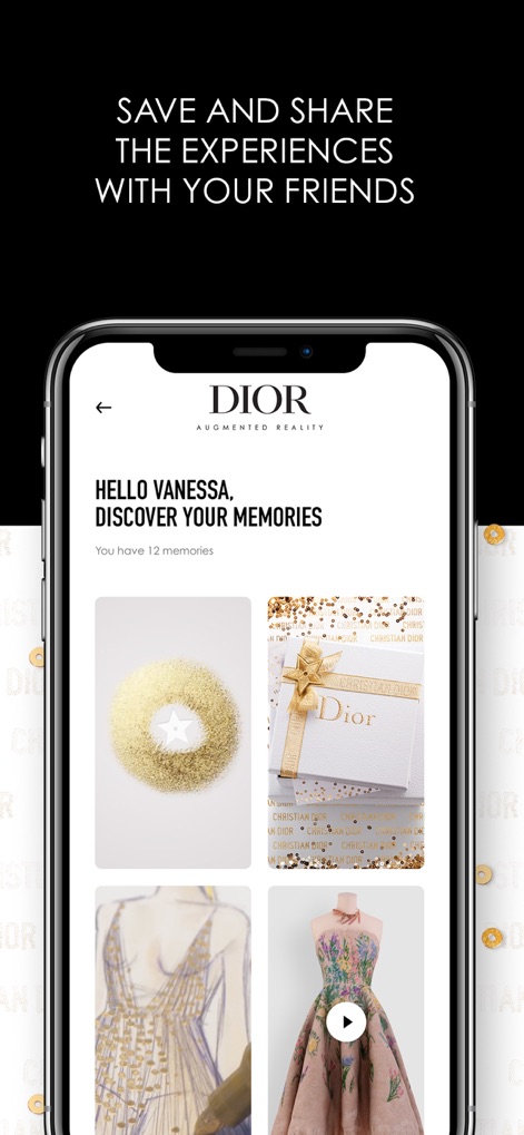 Dior AR Experience - A seção "Suas Memórias" permite que os usuários revisitem e compartilhem suas interações de RA, apresentando uma grade organizada de experiências salvas e uma saudação personalizada, como "HELLO VANESSA", que adiciona um toque exclusivo à navegação.