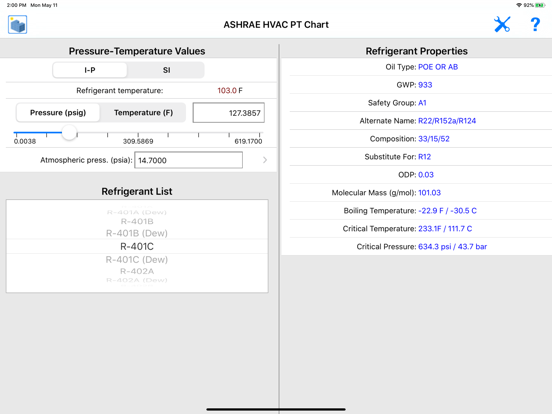 ASHRAE HVAC PT Chart iPad app afbeelding 8