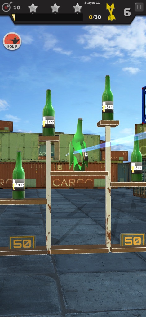 Arrow Master: Archery Game - This image captures the dramatic shattering effect of a bottle target as it is hit by an arrow, showcasing dynamic physics.