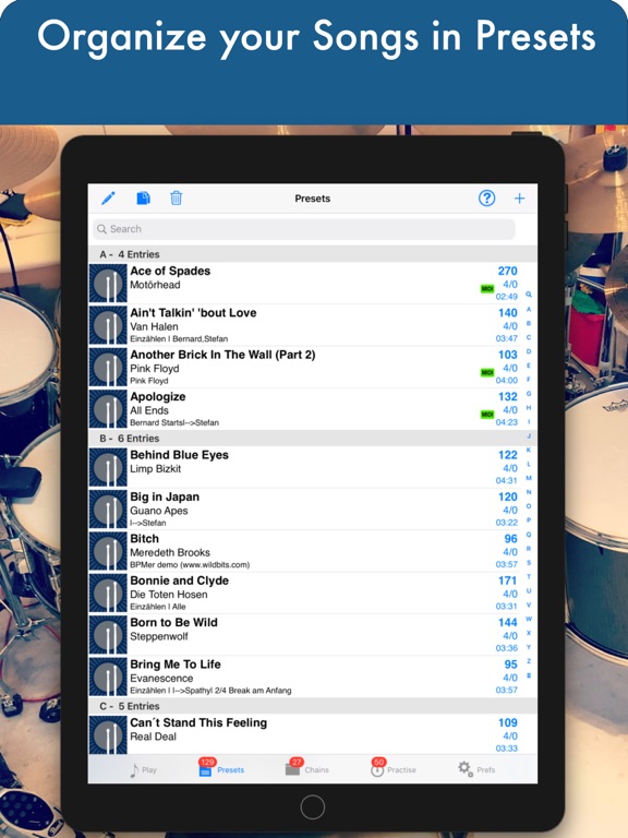 DrumSetlist Manager HD Lite iPad screenshot