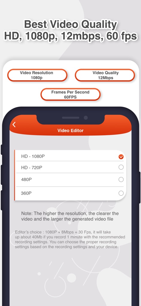 Screen Recorder: The recording - Fine-tune recording quality with options for '1080P' resolution and up to '60FPS' for smooth, high-definition output.