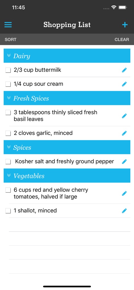 Pepperplate Cooking Planner - Questa vista presenta una lista della spesa dettagliata, automaticamente organizzata per categoria come "Dairy" o "Vegetables", rispecchiando il layout di un supermercato. Ogni articolo include una checkbox e un'icona di modifica per una gestione efficiente e personalizzata degli acquisti.