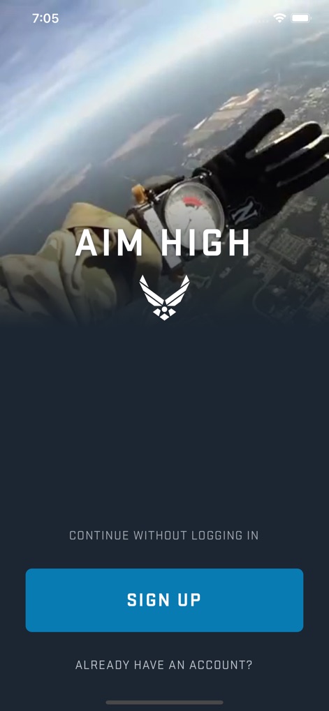 Aim High Air Force - The app offers flexible access, allowing prospective members to 'Sign Up' for an account or 'Continue without logging in' to browse initial information.