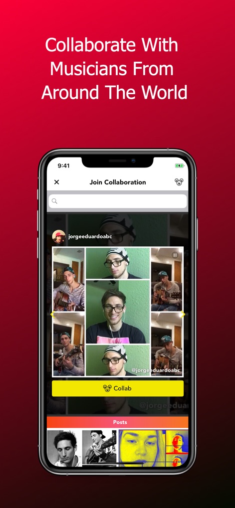 Acapella from PicPlayPost - The app streamlines global musical partnerships, presenting a 'Join Collaboration' interface where users can discover artists and initiate projects with a prominent 'Collab' button.