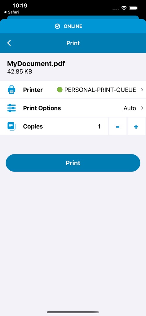 HP Advance - Esta pantalla de configuración permite a los usuarios afinar sus trabajos de impresión, desde ajustar la configuración de copias hasta seleccionar fácilmente la cola de impresión "PERSONAL-PRINT-QUEUE", garantizando un control preciso antes de enviar el documento.