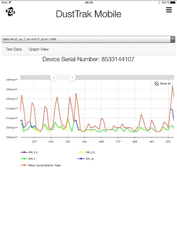 DustTrak Mobile iPad screenshot
