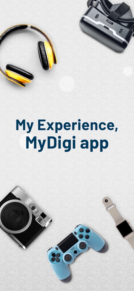 MyDigi Mobile App - La pantalla de bienvenida de la aplicación MyDigi destaca su marca distintiva y los diversos dispositivos electrónicos que los usuarios pueden gestionar con esta herramienta.