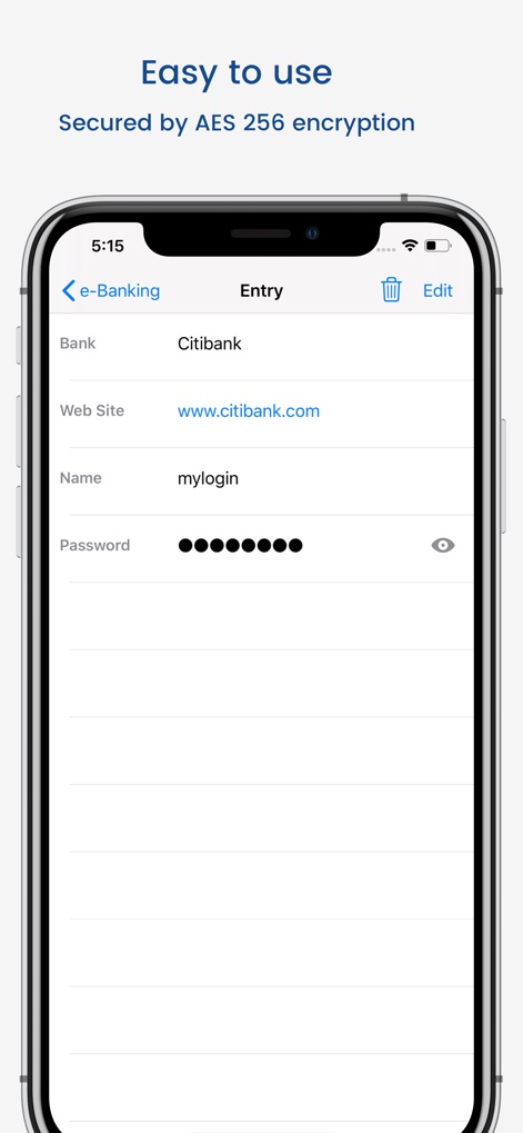aWallet Cloud Password Manager - Esta tela revela os detalhes de uma entrada específica, mostrando o 'Web Site' e o campo de 'Password' mascarado, garantindo a proteção das informações.