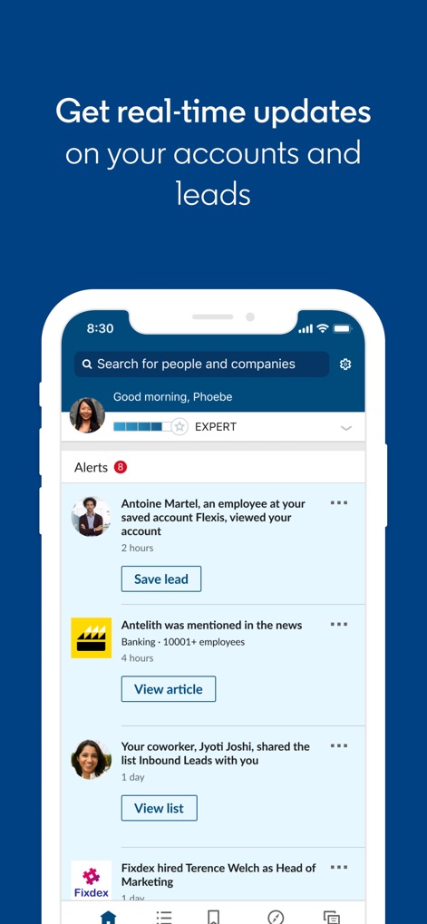 LinkedIn Sales Navigator - La aplicación mantiene a los usuarios informados con alertas en tiempo real sobre sus contactos y una interfaz de bienvenida personalizada que incluye el saludo "Good morning, Phoebe".