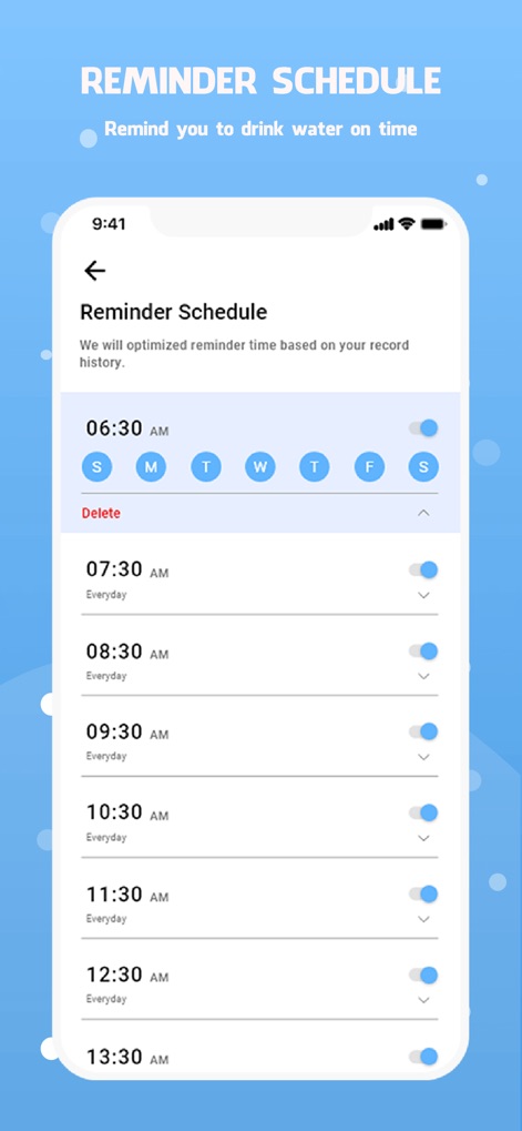 Drink water reminder - The app offers a flexible 'Reminder Schedule' interface where users can easily set specific times for hydration prompts and toggle them on or off.