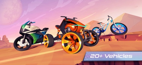 Gravity Rider Zero - Discover the impressive vehicle collection, showcasing a diverse roster of rides from motorbikes to ATVs, highlighted by the "20+ Vehicles" indicator.