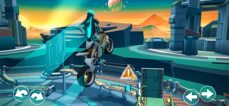 Gravity Rider - 未来的なバイクデザインが特徴のこのシーンでは、遠くに見えるSFの惑星環境を背景に、バランスを取りながら走るライダーの姿が映し出されています。