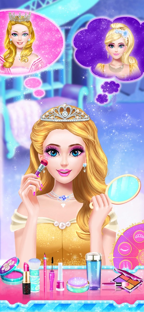 Princess dress up fashion game - ユーザーは、ブラシでチークを塗布し、手鏡で仕上がりを確認しながら、プリンセスに理想のメイクを施すことができます。