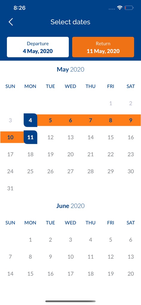 Smartwings - Der interaktive Kalender ermöglicht die einfache Auswahl von Reisedaten und visualisiert deutlich die Monate 'May 2020' und 'June 2020' für eine flexible Planung.