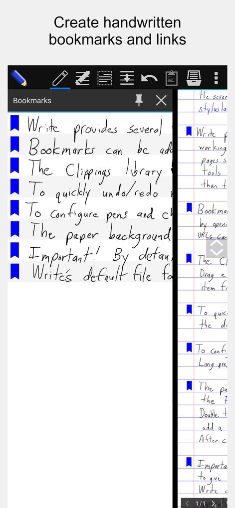 Stylus Labs Write Pro - La imagen ilustra la creación de marcadores con una barra lateral dedicada, donde se observan múltiples iconos de banderas azules y texto manuscrito alineado en la sección principal del documento.