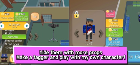 Hide.io - Users can explore the robust customization options, from selecting a wide array of props to hide as, to personalizing their seeker character with unique skins and decorations.