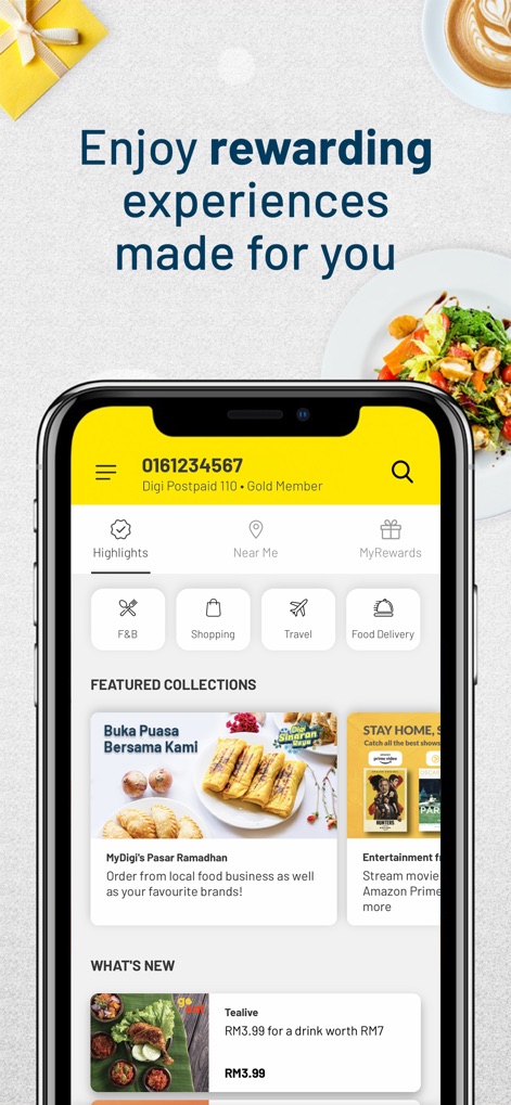MyDigi Mobile App - Los usuarios acceden a colecciones destacadas y ofertas exclusivas, organizadas por categorías como "F&B" y "Shopping", para disfrutar de experiencias personalizadas.