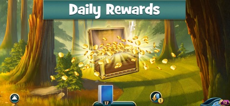 Fairway Solitaire - Card Game - L'app gratifica i giocatori con ricompense quotidiane, rappresentate da un forziere dorato straripante di monete in un bosco illuminato dal sole.
