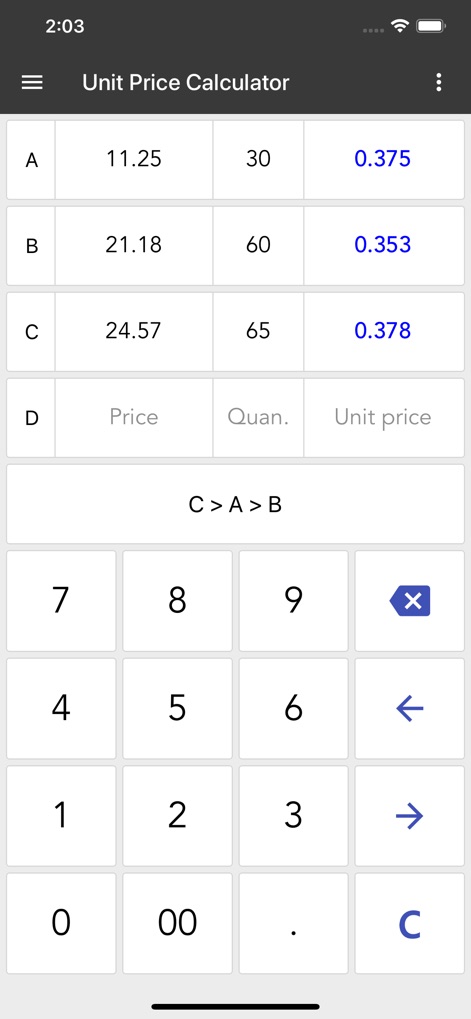 ClevCalc - Calculator - Compare product values using the unit price calculator, which displays the 'Unit price' for multiple items and highlights the best value with a comparison result like 'C > A > B'.