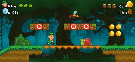 Lep's World 2 - Running Games - Discover the atmospheric enchanted forest levels, where the protagonist dodges a flying bee enemy and utilizes dynamic red clover blocks.