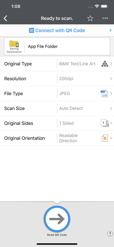 RICOH Smart Device Connector - Explore the detailed scanning parameters available, where users can customize the 'Saving Destination' to local folders or cloud services, and fine-tune scan quality with options like 'Resolution' and 'File Type'.