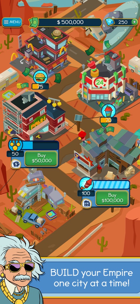 Taps to Riches - See how the app introduces diverse business buildings and the intuitive 'Buy' interface for rapid city expansion and profit generation.