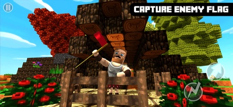 Castle Crafter Survival Craft - Witness the objective-based gameplay as a character triumphantly holds the captured red flag, demonstrating the strategic "Capture The Flag" game mode and custom-built outposts.